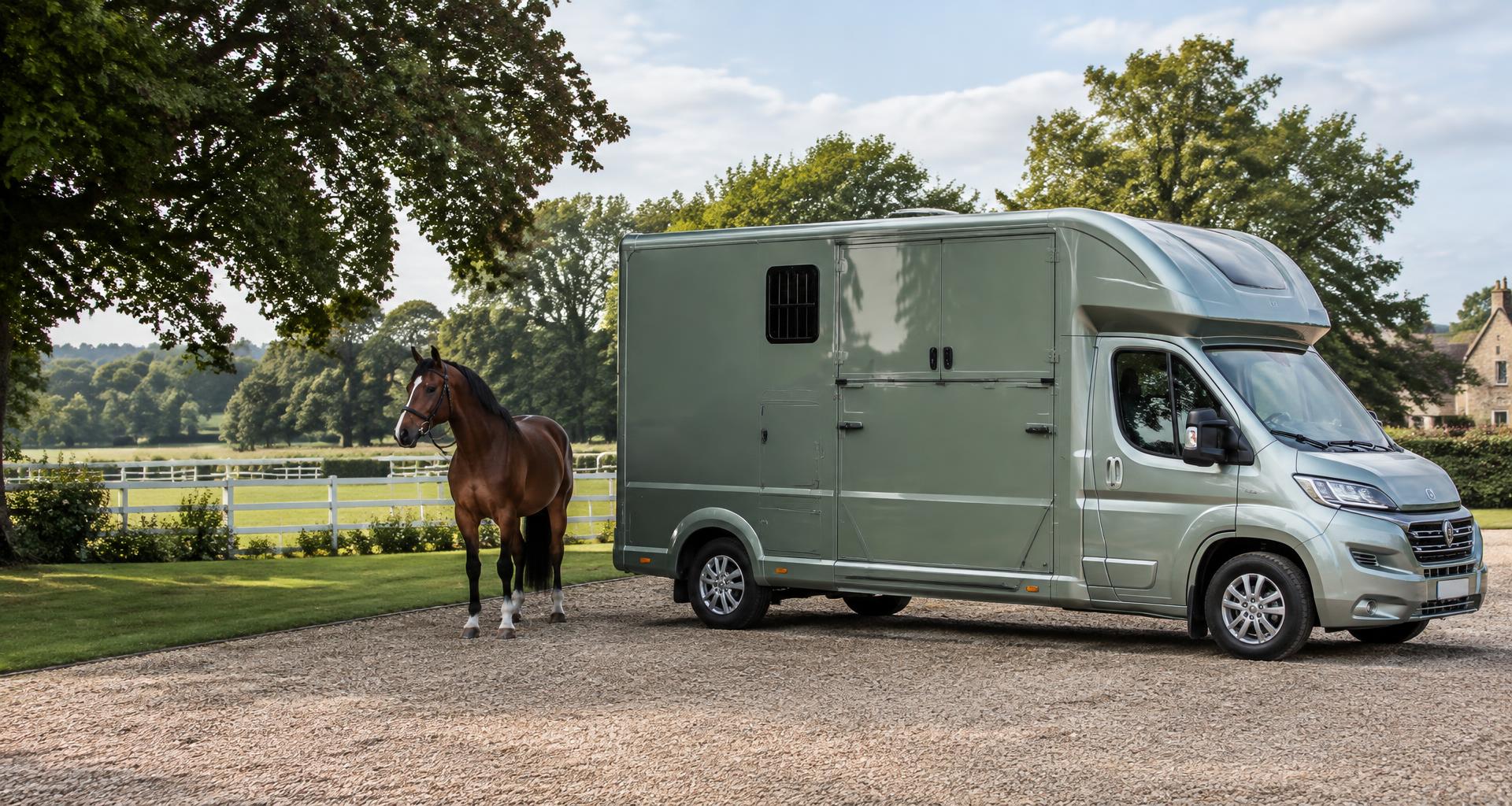 Sage green horsebox beside a bay horse in the Norfolk countryside